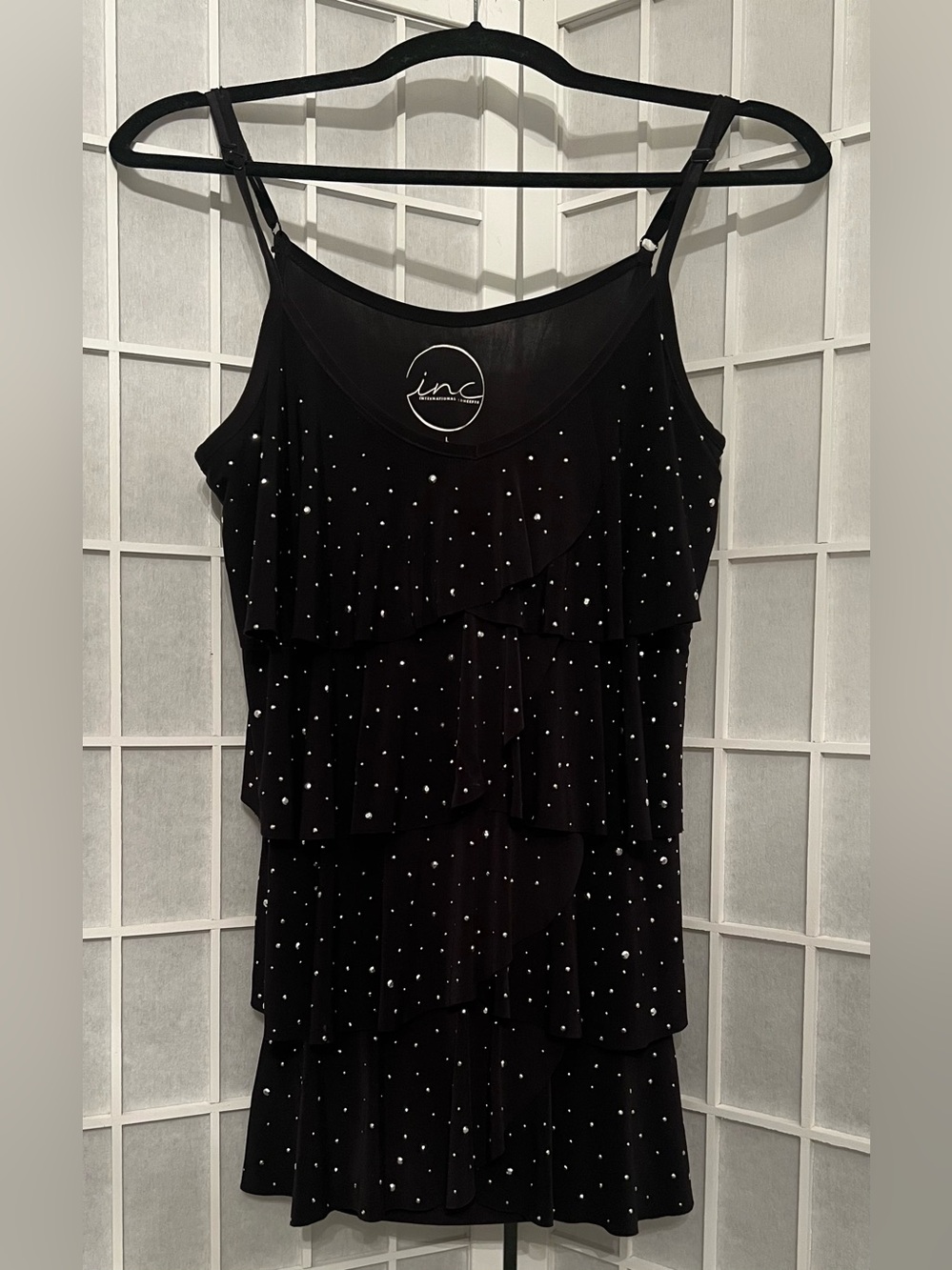INC International Concepts Black Silver Stud Ruffle Cami Top Size Large